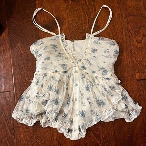 Free People Blue and White Ruffled Camisole